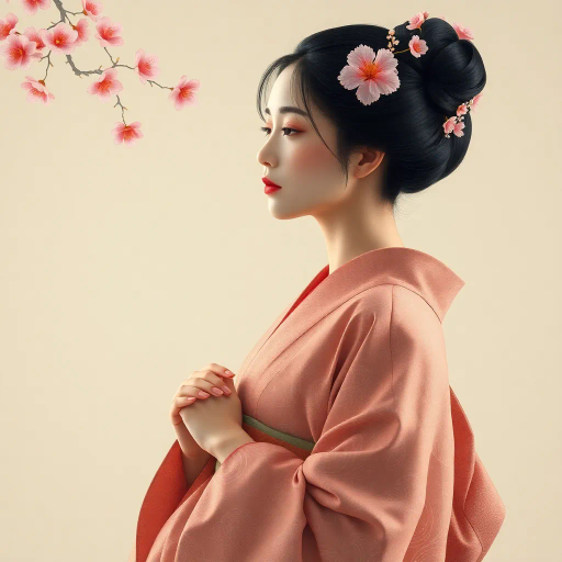 elegant Japanese woman, tranquil grace, Katsushika Hokusai inspiration, flowing kimono, intricate patterns, subtle cherry blossom pinks, serene demeanor, Edo period influence, traditional hair ornament, delicate brushwork, rich cultural heritage, soft ambient lighting, harmonious balance, ethereal beauty, timeless elegance