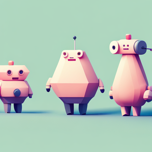 3D modeling, vector art, polygonal, geometric shapes, cute characters, robots, low-poly, digital art, pastel colors