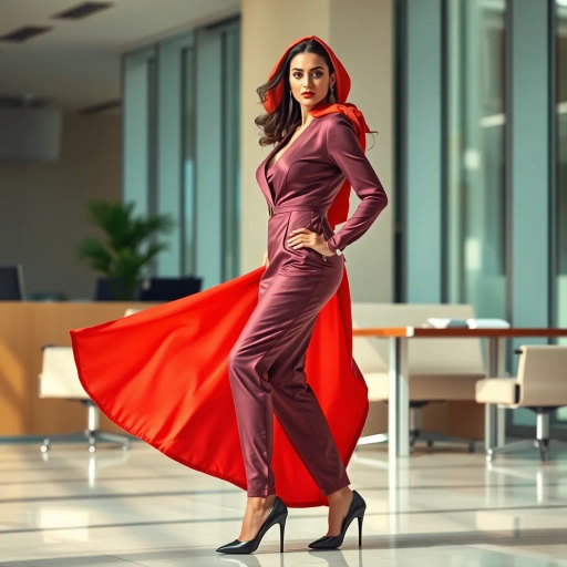elegant arab lady, professional setting, high-fashion heels, modern office, cultural elegance, vivid colors, dynamic composition, natural light, Henri Matisse influences, contemporary style, luxurious fabric textures, warm tones, poised and confident expression, sleek silhouette, refined and sophisticated, detailed attire, graceful posture, Middle Eastern aesthetic, juxtaposition of tradition and modernity, evocative mood, subtle symbolism, realistic proportions, intricate detailing, work environment, empowerment theme