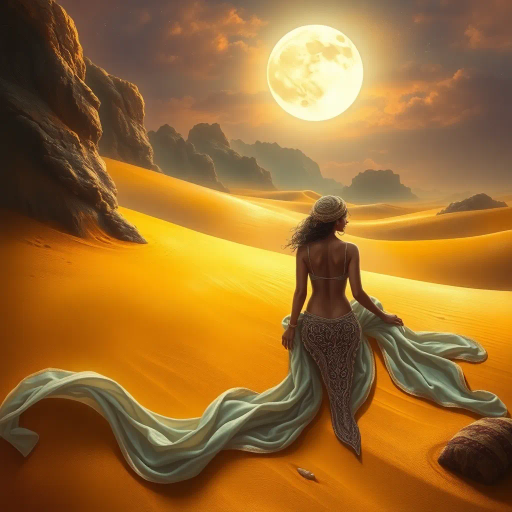 mystical desert landscape, ethereal beauty, arabian nights, intricate bikini design, soft golden sands, flowing silks, dazzling jewel tones, moonlit scene, warm dusk, exotic allure, swirling patterns, arabesque, luminous skin, Henri Rousseau influence, whimsical elements, ancient traditions, mysterious aura, delicate embroidery, storytelling imagery, romanticism, soft brushstrokes, vivid imagination, dreamlike quality
