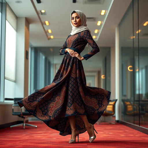 Arab lady, hijab, professional setting, elegance, modern workplace, high heels, grace, long legs, contemporary fashion, vibrant colors, Henri Matisse, impressionistic lighting, cultural fusion, confident composition, smooth textures, chic office attire, dynamic pose, minimalistic design, elegance, bustling office, refined aesthetics, empowerment, subtle sophistication, urban environment, creative space, harmony in diversity, timeless beauty, lateral perspective, graceful movement, cross-cultural artistry, sleek lines