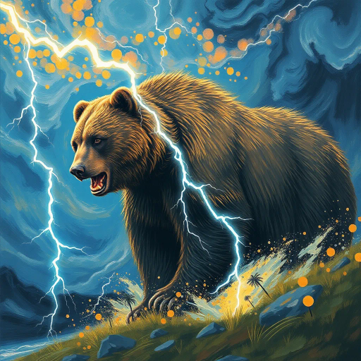 majestic bear, struck by lightning, electric energy, Vincent van Gogh, post-impressionism, intense contrast, dynamic lighting, bold brush strokes, swirling skies, nature's fury, vibrant colors, ethereal glow, wild power, dramatic setting, emotional intensity, natural wonder, chaotic beauty, stormy atmosphere, powerful wilderness, surreal landscape, otherworldly phenomenon, symbolic transformation, mythical creature