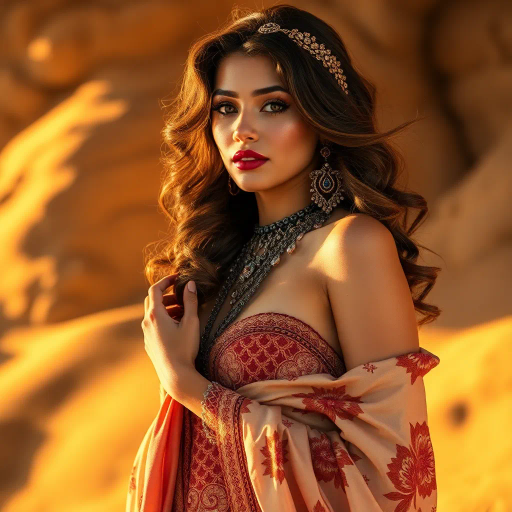 elegant curves, sensual allure, vibrant colors, soft lighting, Art Nouveau influences, Middle Eastern beauty, warm tones, delicate textures, seductive pose, intricate patterns, cultural richness, exotic landscape, golden hour hues, evocative composition, body positivity, confident expression, grace and elegance, feminine mystique, flowing fabrics, ornate jewelry, dreamlike atmosphere, contemporary interpretation, celebration of diversity, subtle shadows, intimate perspective, thematic depth, empowering imagery