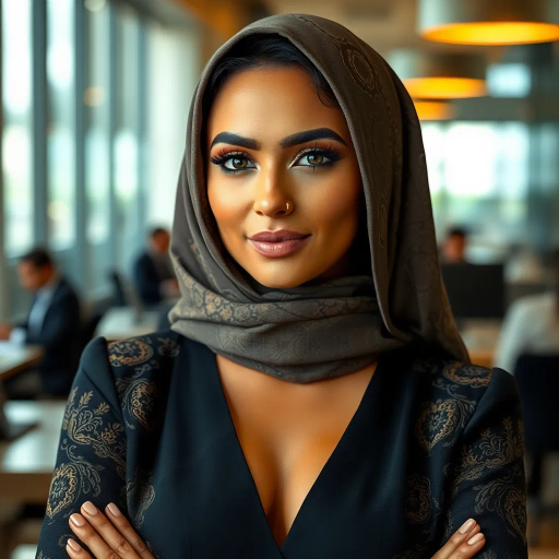 Arab, professional, business attire, elegance, sophistication, vibrant lighting, modern office, dynamic composition, rich details, Middle Eastern cultural elements, reflective surfaces, chiaroscuro, confident pose, realistic skin tones, emotional depth, warm color palette, depth of field, intricate patterns, luxurious textures, professional environment, empowerment, graceful silhouette, contemporary setting, harmonious balance, movement captured, modern-day scenario, poised and composed, intellectual atmosphere