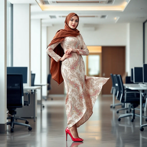 Arab woman, elegant hijab, professional setting, modern workplace, high heels, Middle Eastern culture, contemporary art, intricate patterns, vibrant colors, soft lighting, dynamic pose, cultural expression, delicate fabrics, office environment, confident demeanor, sophisticated fashion, grace and poise, diverse representation, cultural fusion, empowerment, modernism, Impressionism influences, human form, balance and harmony, Jean-Michel Basquiat inspiration, vibrant brushstrokes, Henri Matisse color palette, delicate textures, fluid movement, artistic elegance, cultural symbolism, refined composition, elegance and sophistication, bold patterns
