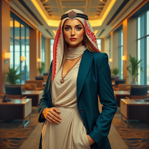 Arab, professional, business attire, elegance, sophistication, vibrant lighting, modern office, dynamic composition, rich details, Middle Eastern cultural elements, reflective surfaces, chiaroscuro, confident pose, realistic skin tones, emotional depth, warm color palette, depth of field, intricate patterns, luxurious textures, professional environment, empowerment, graceful silhouette, contemporary setting, harmonious balance, movement captured, modern-day scenario, poised and composed, intellectual atmosphere