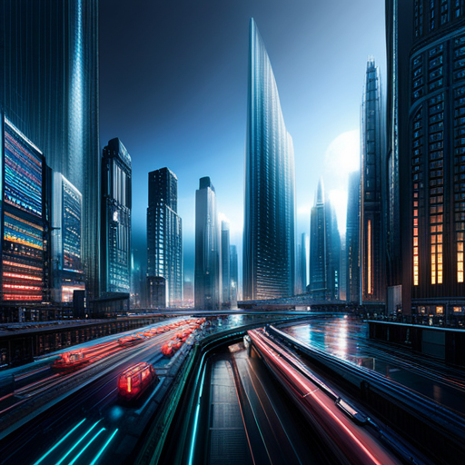futuristic cyberpunk cities, neon lights, modern graphic design, advanced robotics, sleek engineering, artificial intelligence technologies, augmented reality interfaces, sci-fi dystopia