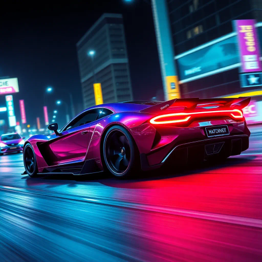 sleek sports car, futuristic design, synthwave aesthetic, vibrant neon colors, dramatic lighting, dynamic angles, glossy finish, cyberpunk influence, speed and motion, urban environment, atmospheric glow, night scene, reflections, cutting-edge technology, streamlined form, retro-futuristic elements, contrast and depth, racing spirit, digital landscape, visual impact