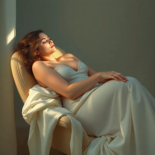 tranquil scene, woman, sleeping, seated on chair, delicate posture, soft ambient light, serene expression, gentle repose, impressionist touch, pastel colors, dreamlike atmosphere, elegant curves, calming mood, ethereal glow, romanticism, calm tranquility, subtle shadows, relaxed muscles, atmospheric depth, peaceful dreamscape, soothing composition, reposed stillness, intimate setting, classical influence, fine details, harmonious balance, reflective bliss, soothing aura, Claude Monet, soft brushstrokes, ambient soft glow, peaceful serenity, muted pastel hues, elegant feminine form, tender embrace of light, flowing fabric, tranquil surroundings, quiet elegance, intimate solitude, artistic dreamscape, reverie, light and shadow play