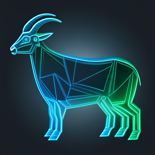 abstract, vector, goat, bot, futuristic, glitch, cyberpunk, fractal, neon, line art, dynamic movement, geometric shapes, metallic texture