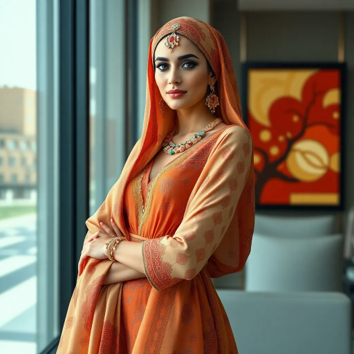 elegant Arab woman, professional attire, hijab, modern workplace, high heels, contrasting cultural fusion, vibrant Middle Eastern influences, contemporary art style, dynamic composition, intricate patterns, vibrant color palette, soft ambient lighting, dynamic posing, cultural expression, delicate textiles, confident and empowering presence, grace, poise, diverse representation, fusion of modern and traditional elements, Impressionism influences, human form depiction, advanced digital techniques, refined textures, bold symbolism, artistic influences, balance, harmony, surreal lighting, empowered femininity, Gustav Klimt inspiration, Art Nouveau elegance, intricate detailing, cultural narrative, sophisticated sophistication, modernism, representation and empowerment