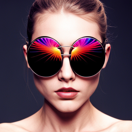 glitch art, cyberpunk, neon lights, futuristic, biomechanical, rave culture, augmented reality, metallic accents, reflection, post-apocalyptic, dystopian, sunglasses, Fire-inspired fashion, Radial symmetry, UV protection, Multidimensional shapes