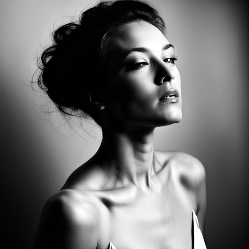 feminine strength, gracefulness, portrait, black-and-white, soft lighting, emotional expression, beauty, empowerment, contemporary, contrast, delicate features, monochrome, dramatic shadows, timeless elegance, chiaroscuro, Renaissance influence, ethereal mood