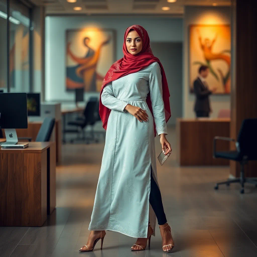 Arab woman, elegant hijab, professional setting, modern workplace, high heels, Middle Eastern culture, contemporary art, intricate patterns, vibrant colors, soft lighting, dynamic pose, cultural expression, delicate fabrics, office environment, confident demeanor, sophisticated fashion, grace and poise, diverse representation, cultural fusion, empowerment, modernism, Impressionism influences, human form, balance and harmony