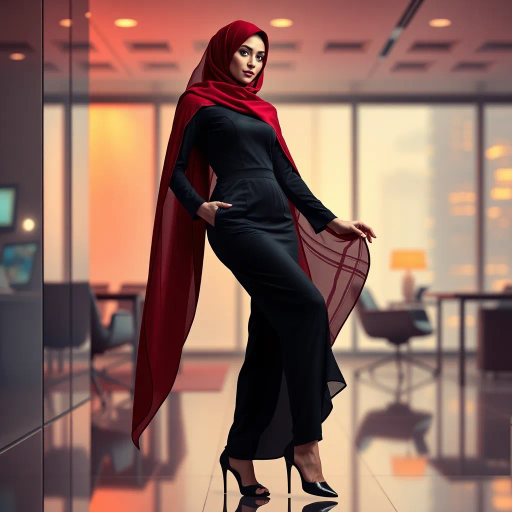 Arab lady, hijab, professional setting, elegance, modern workplace, high heels, grace, long legs, contemporary fashion, vibrant colors, Henri Matisse, impressionistic lighting, cultural fusion, confident composition, smooth textures, chic office attire, dynamic pose, minimalistic design, elegance, bustling office, refined aesthetics, empowerment, subtle sophistication, urban environment, creative space, harmony in diversity, timeless beauty, lateral perspective, graceful movement, cross-cultural artistry, sleek lines
