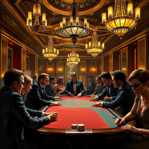 luxurious casino, realistic rendering, vibrant atmosphere, chiaroscuro lighting, Rembrandt influence, intricate details, gambling tables, rich velvet textures, opulent chandeliers, golden hues, Art Deco elements, dynamic composition, immersive experience, 20th-century elegance, sophisticated players, tension and anticipation, high stakes, lively interactions, modern digital brushwork, depth and perspective, cinematic framing, emotive expressions, vivid storytelling, gambling culture