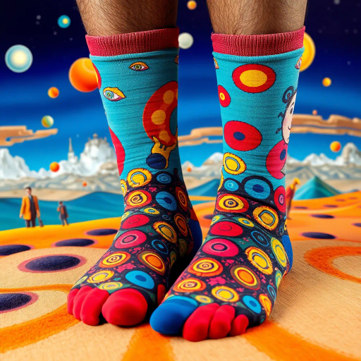 vibrant socks, surrealism, Salvador Dalí, dynamic color palette, whimsical patterns, textured fabric, playful composition, pop art influence, abstract expressionism, bold outlines, imaginative shapes, floating forms, dreamlike landscape, artistic spontaneity, kaleidoscope effect, modern twist, intricate details, vivid contrasts, ethereal atmosphere, reflective surfaces, lively mood, visual rhythm, eclectic design, unexpected textures, futuristic elements, immersive scene