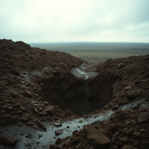 World War 1, shell hole, muddy landscape, desolation, somber mood, realism, historical context, war-torn terrain, intricate textures, Claude Monet, chiaroscuro lighting, melancholic ambiance, earthy tones, vast emptiness, erosion, scattered debris, rain-washed, dynamic composition, distant horizon, European landscape, trench warfare, atmospheric depth, intricate detail, raw emotion, layered complexity, emotive storytelling, ephemeral nature, wet ground, war remnants, reflective surfaces
