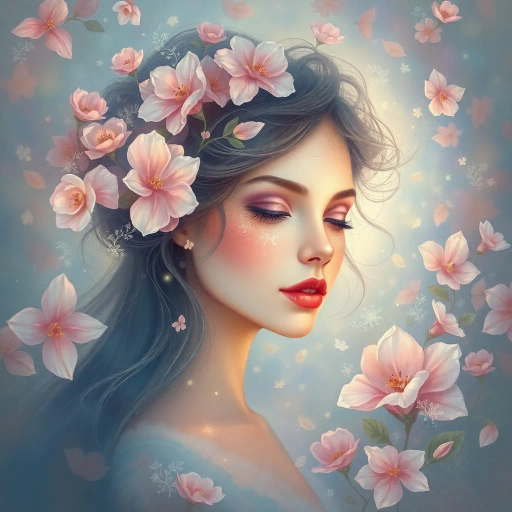 ethereal visage, delicate dreamscape, rich with whimsy, vibrant pastels, influenced by Alphonse Mucha, Art Nouveau elegance, flowing forms, luminous lighting, intricate detailing, soft brushstrokes, fairy-tale essence, feminine grace, abstract floral motifs, serene expression, enchanting ambiance, subtle textures, gentle movement, harmonious composition, timeless allure, serene palette, gentle curves, delicate balance, mystical aura