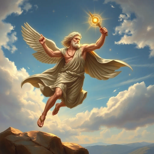 Hermes, Greek god, ancient mythology, divine messenger, wings on sandals, caduceus, swift movement, dynamic pose, classical antiquity, mythological figure, spiritual journey, open sky, ethereal glow, lively expression, flowing robes, bronze sheen, golden highlights, Hermes Trismegistus, Roman frescoes, Homeric influence, celestial ambiance, divine radiance, Olympian grandeur, Renaissance elegance, masterful brushwork, majestic presence, fluid motion, wind-swept landscape, baroque drama, intricate detailing, storytelling composition, luminous aura, ancient symbolism, airy perspective, mythic narrative, transcendent theme, color symphony, heroic scale, expressive gestures