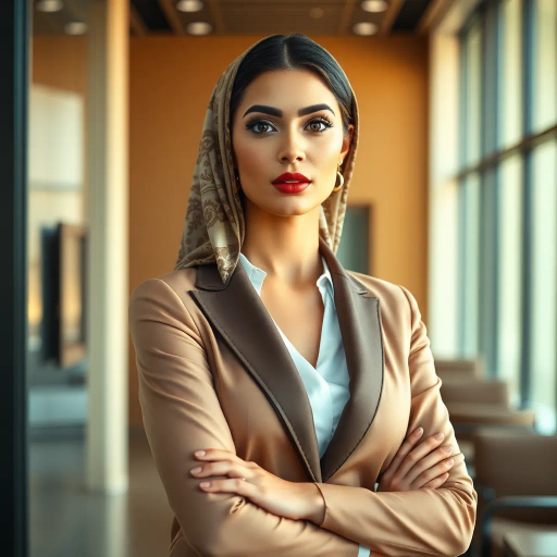Arab, professional, business attire, elegance, sophistication, vibrant lighting, modern office, dynamic composition, rich details, Middle Eastern cultural elements, reflective surfaces, chiaroscuro, confident pose, realistic skin tones, emotional depth, warm color palette, depth of field, intricate patterns, luxurious textures, professional environment, empowerment, graceful silhouette, contemporary setting, harmonious balance, movement captured, modern-day scenario, poised and composed, intellectual atmosphere