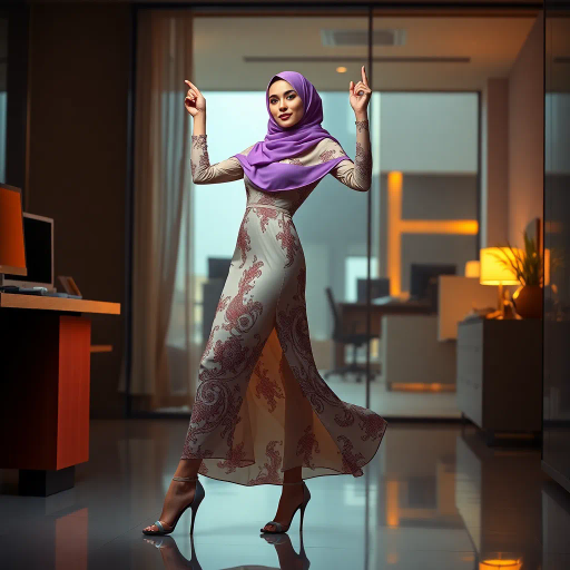 elegant Arab woman, professional attire, hijab, modern workplace, high heels, contrasting cultural fusion, vibrant Middle Eastern influences, contemporary art style, dynamic composition, intricate patterns, vibrant color palette, soft ambient lighting, dynamic posing, cultural expression, delicate textiles, confident and empowering presence, grace, poise, diverse representation, fusion of modern and traditional elements, Impressionism influences, human form depiction, advanced digital techniques, refined textures, bold symbolism, artistic influences, balance, harmony, surreal lighting, empowered femininity, Gustav Klimt inspiration, Art Nouveau elegance, intricate detailing, cultural narrative, sophisticated sophistication, modernism, representation and empowerment