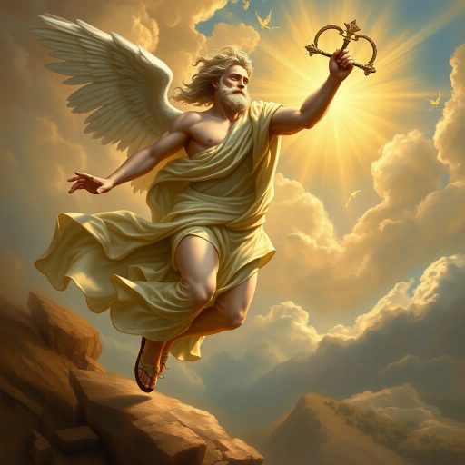 Hermes, Greek god, divine messenger, ancient mythology, wings on sandals, caduceus, swift movement, dynamic pose, classical antiquity, mythological figure, spiritual journey, ethereal glow, lively expression, flowing robes, bronze sheen, golden highlights, Renaissance elegance, masterful brushwork, majestic presence, fluid motion, wind-swept landscape, celestial ambiance, divine radiance, Olympian grandeur, celestial tapestry, Michelangelo, baroque drama, chiaroscuro lighting, mythic narrative, historical symbolism, cosmic perspective, atmospheric depth, transcendental power, emotion-laden storytelling, allegorical motif, timeless scale, mythic narrative, artistic symbolism, elevated perspective, celestial themes, Homeric influence, Roman frescoes, Hermes Trismegistus, open sky, mythical essence