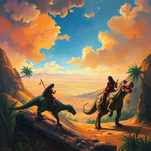 prehistoric warriors, riding dinosaurs, oasis landscape, distant desert, surreal, dramatic lighting, vivid colors, Henri Rousseau influence, dynamic composition, adventurous mood, expansive horizons, expressive textures, impressionist brushwork, ancient civilizations, mythical creatures, bold contrasts, intricate details, cinematic framing, imaginative storytelling, atmospheric perspective, ethereal glow