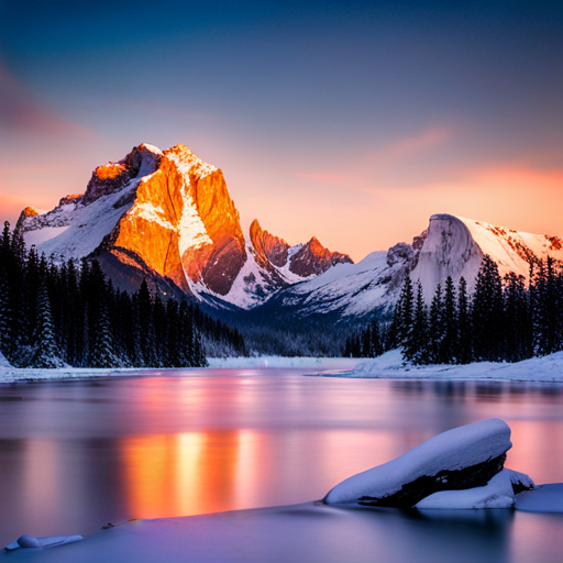 majestic peaks, snow-capped summits, serene valleys, alpine glow, sublime vistas, rugged terrain, nature's beauty, dramatic lighting, atmospheric perspective, mountain ranges, wilderness, adventure, picturesque scenery, panoramic views