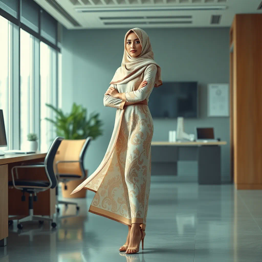 Arab woman, elegant hijab, professional setting, modern workplace, high heels, Middle Eastern culture, contemporary art, intricate patterns, vibrant colors, soft lighting, dynamic pose, cultural expression, delicate fabrics, office environment, confident demeanor, sophisticated fashion, grace and poise, diverse representation, cultural fusion, empowerment, modernism, Impressionism influences, human form, balance and harmony, cultural renaissance, artistic nuances, vibrant hues, fine textures, modern elegance, cultural heritage, light brushstrokes, visual narrative, space exploration, mood elevation, aesthetic richness, empowerment theme, identity exploration, refined elegance, cultural depth, narrative depth, visual harmony, societal ideals