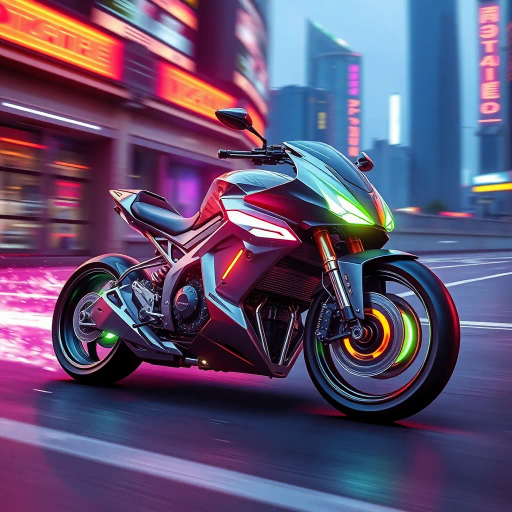 futuristic motorcycle, sleek design, velocity, neon lights, vibrant colors, aerodynamic shapes, dynamic angles, speed and motion, cyberpunk influence, urban landscape, chrome textures, detailed mechanisms, glowing elements, cutting-edge technology, reflective surfaces, high contrast, cinematic perspective, sci-fi ambiance, energetic movement, innovative engineering, modern artistry, concept illustration