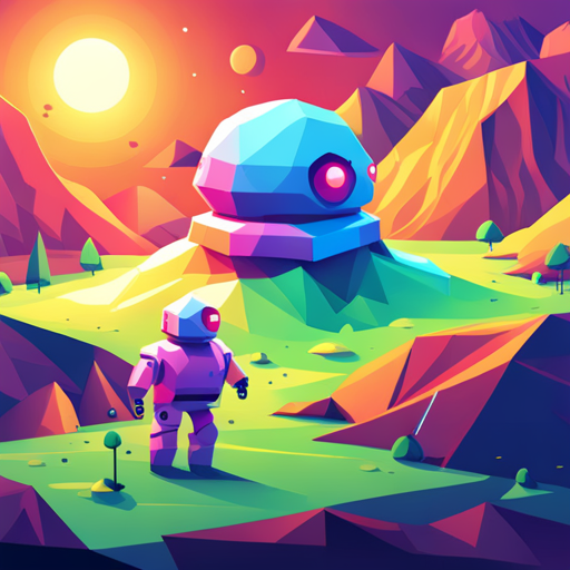 geometric shapes, vector art, minimalism, cute robots, low polygon count, vibrant colors