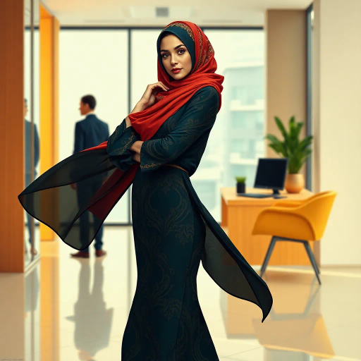 Arab woman, elegant hijab, professional setting, modern workplace, high heels, Middle Eastern culture, contemporary art, intricate patterns, vibrant colors, soft lighting, dynamic pose, cultural expression, delicate fabrics, office environment, confident demeanor, sophisticated fashion, grace and poise, diverse representation, cultural fusion, empowerment, modernism, Impressionism influences, human form, balance and harmony, Gustav Klimt, Henri Matisse, fluid lines, warm tonal palette, abstract realism, symmetry, visual rhythm, expressive textures, nuanced shading, cultural atmosphere, identity celebration, narrative depth