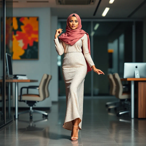 Arab woman, elegant hijab, professional setting, modern workplace, high heels, Middle Eastern culture, contemporary art, intricate patterns, vibrant colors, soft lighting, dynamic pose, cultural expression, delicate fabrics, impressionism influences, human form, balance and harmony, confident demeanor, sophisticated fashion, grace and poise, diverse representation, cultural fusion, empowerment, modernism, Henri Matisse, Wassily Kandinsky, abstract elements, fluid motion, vibrant hues, intricate textiles, refined elegance, cross-cultural dynamics, office environment, artistic fusion, emotional depth, feminine strength