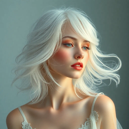 ethereal woman, medium white hair, whimsical, ethereal lighting, Vermeer influence, baroque hints, soft highlights, Renaissance elegance, surreal composition, pastel tones, gentle textures, smooth brushstrokes, delicate expressions, mid-century modern, serene mood, classical framing, flowing movement, introspective gaze, intricate patterns, harmony and balance, subtle symbolism, dreamlike atmosphere