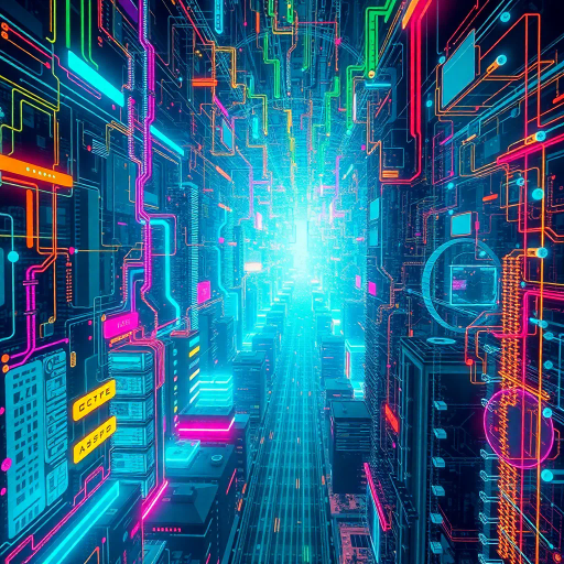 futuristic vision, artificial intelligence, vibrant colors, glowing circuits, cybernetics, digital consciousness, neural networks, ethereal atmosphere, Francesca Paci, Raytracing lighting, cyberpunk cityscape, abstract patterns, surreal elements, high-tech aesthetics, intricate details, AI evolution, synthetic minds, innovation, interconnectedness, dynamic composition, digital brushwork