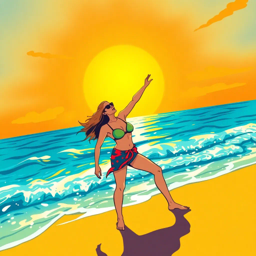 sunlit, golden sands, azure waves, vibrant colors, tropical paradise, Henri Matisse influences, bold outlines, fluid movement, summer vibes, high contrast, serene expression, playful composition, beachwear fashion, dynamic pose, candid moment, coastal breeze, leisure and freedom, impressionistic touches, idyllic seascape, ocean reflection, harmony with nature, lighthearted atmosphere