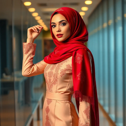 elegant Arab woman, professional attire, hijab, modern workplace, high heels, contrasting cultural fusion, vibrant Middle Eastern influences, contemporary art style, dynamic composition, intricate patterns, vibrant color palette, soft ambient lighting, dynamic posing, cultural expression, delicate textiles, confident and empowering presence, grace, poise, diverse representation, fusion of modern and traditional elements, Impressionism influences, human form depiction, advanced digital techniques, refined textures, bold symbolism, artistic influences, balance, harmony, surreal lighting, empowered femininity, Gustav Klimt inspiration, Art Nouveau elegance, intricate detailing, cultural narrative, sophisticated sophistication, modernism, representation and empowerment