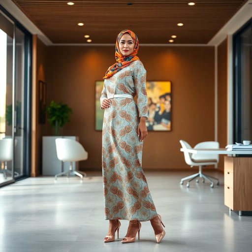 Arab woman, elegant hijab, professional setting, modern workplace, high heels, Middle Eastern culture, contemporary art, intricate patterns, vibrant colors, soft lighting, dynamic pose, cultural expression, delicate fabrics, office environment, confident demeanor, sophisticated fashion, grace and poise, diverse representation, cultural fusion, empowerment, modernism, Impressionism influences, stylized human form, balance and harmony, vibrant hues, textural complexity, Henri Matisse, harmonious composition, refined elegance