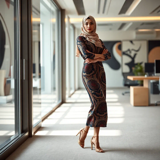 Arab woman, elegant hijab, professional setting, modern workplace, high heels, Middle Eastern culture, contemporary art, intricate patterns, vibrant colors, soft lighting, dynamic pose, cultural expression, delicate fabrics, office environment, confident demeanor, sophisticated fashion, grace and poise, diverse representation, cultural fusion, empowerment, modernism, Impressionism influences, human form, balance and harmony