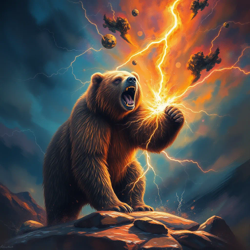dramatic lightning strike, powerful bear, ethereal glow, dynamic energy, mythological aura, Claude Monet influence, surrealism, intense contrast, vibrant electric colors, atmospheric lighting, intricate fur texture, thunderous atmosphere, symbolic strength, elemental force, stormy skies, nature's fury, cosmic scale, heroic posture, fluid movement, cultural mythology, visionary landscape, expressive brushstrokes
