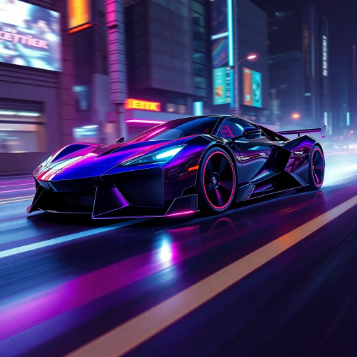 sleek sports car, futuristic design, synthwave aesthetic, vibrant neon colors, dramatic lighting, dynamic angles, glossy finish, cyberpunk influence, speed and motion, urban environment, atmospheric glow, night scene, reflections, cutting-edge technology, streamlined form, retro-futuristic elements, contrast and depth, racing spirit, digital landscape, visual impact