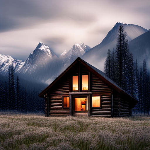 majestic, serene, landscape, peaceful, remote, solitude, cozy, rustic, wooden, cabin, mountains, nature, escape, retreat, tranquility, forest, trees, snow-capped peaks, scenic, enhance, digital art