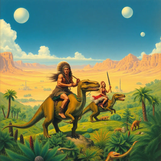 prehistoric warriors, clad in animal skins, riding dinosaurs, verdant oasis, desert vista in background, surreal landscape, Maurice Sendak, Maxfield Parrish, dynamic composition, vibrant colors, paleontological fantasy, ancient times, dramatic lighting, rich textures, whimsical, imaginative world, prehistoric flora, cinematic scale, echo of ancient myths, convergence of eras, fantastical creatures, lavish detailing, adventurous mood, time-travel themes, exotic landscape, epic scale