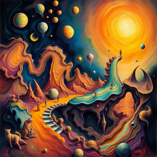 surrealistic, dreamscape, Salvador Dali, vibrant colors, ethereal glow, whimsical, distorted reality, subconscious, intricate details, abstract forms, juxtaposition, dreamlike quality, fluid movement, fantastical elements, otherworldly, imaginative narrative, psychological exploration, timeless essence, surreal juxtapositions, imaginative storytelling