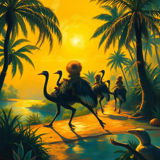 oasis landscape, cassowary riders, surreal journey, Henri Rousseau, impressionist brushstrokes, vivid colors, golden sunlight, mirage effects, dynamic composition, whimsical atmosphere, tropical vegetation, dramatic shadows, expansive horizon, cultural fusion, dreamlike scenario, symbolic fauna, mystic ambiance, imaginative realism, ethereal landscape, exotic wildlife, tranquil pools, exploratory perspective, ancient warriors, clad in animal skins, resembling dinosaurs, tribal culture, prehistoric landscape, vivid colors, mythological narrative, dynamic movement, panoramic view, mystical aura, primal energy, textured surfaces, cinematic framing, untamed wilderness, rich detail, adventurous spirits