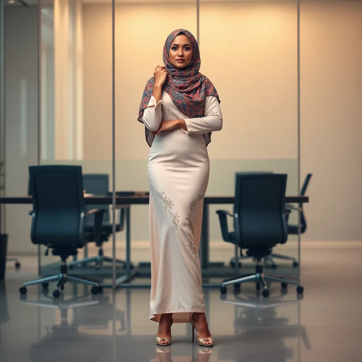 Arab woman, elegant hijab, professional setting, modern workplace, high heels, Middle Eastern culture, contemporary art, intricate patterns, vibrant colors, soft lighting, dynamic pose, cultural expression, delicate fabrics, office environment, confident demeanor, sophisticated fashion, grace and poise, diverse representation, cultural fusion, empowerment, modernism, Impressionism influences, human form, balance and harmony, Gustav Klimt, Henri Matisse, soft textures, warm tones, intricate detailing, modern elegance, artistic expression, harmonious composition, vibrant dynamics, cultural richness, subtle elegance, intricate geometry, spatial awareness, cultural modernism, confident artistry, contemporary aesthetics, Impressionist lighting