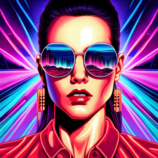 glitch art, neon lights, cyberpunk, biomechanical, fusion, rave culture, dystopian, post-apocalyptic, synthetic materials, Electric, sunglasses, futuristic