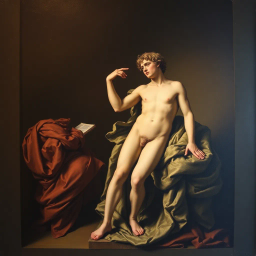 Renaissance influence, Michelangelo, chiaroscuro lighting, dynamic composition, vivid colors, smooth texture, oil painting technique, contemplative expression, human form, realistic detail, introspective mood, balanced perspective, subtle movement, European cultural influence, life-size scale, classical materials, strong framing, circular geometric shapes, flowing line quality, deep symbolism, open space, early modern period, intricate detail, classical artistic intent, gallery presentation