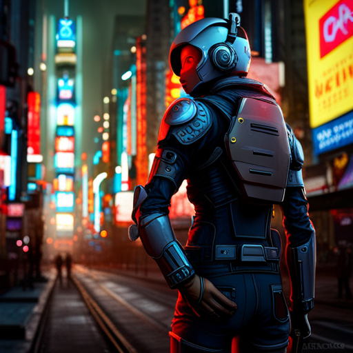 cybernetic-human, dystopian, neon, retro-futuristic, robot-soldier, augmented-reality, post-apocalyptic